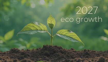 Young green plant sprouting from dark brown soil with three leaves and blurred green background