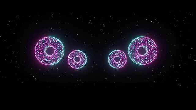 Pink and teal donuts with sprinkles floating in abstract digital cosmos.