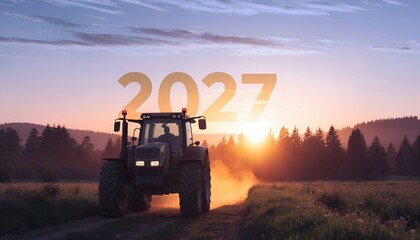 Tractor driving on dirt road toward sunrise in evergreen countryside