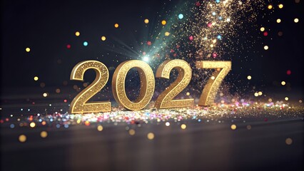Gold glittery 2027 new year celebration with colorful confetti and sparkles