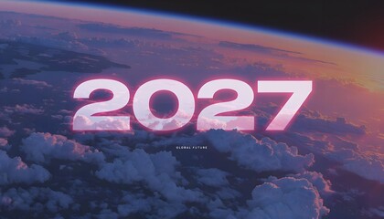 Aerial view of Earth from space with 2027 neon text overlay