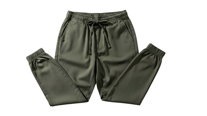 Isolated overhead view of olive green jogger pants, featuring drawstring waist and cuffed ankles