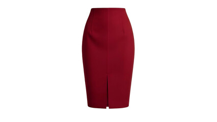 A red, knee-length, fitted pencil skirt with a back slit, isolated on black