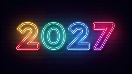 Neon numbers 2027 on brick wall