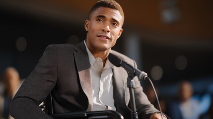 A wheelchair user advocating at a city council meeting, speaking into a microphone with confidence, representing civic engagement, disability rights, and community leadership. cinematic color
