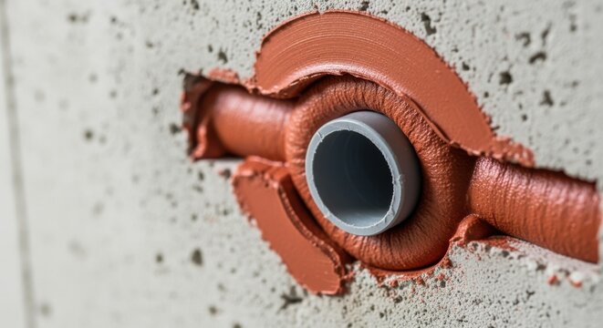 Closeup of firestop sealant bonded around plastic pipe with meticulous filling of gaps for enhanced fire protection.