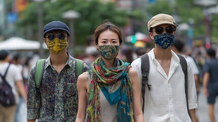 A busy urban street scene featuring pedestrians wearing stylish face masks, showcasing individual expressions and unique designs, highlighting the integration of fashion and safety in everyday