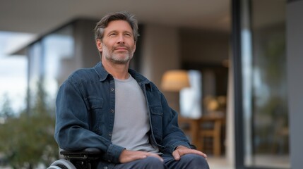 A wheelchair user navigating a smart home using voice-controlled lights and doors, illustrating assistive technology, independent living, and inclusive design in modern housing. cinematic color