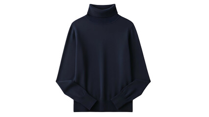 A navy blue, finely knit turtleneck sweater displayed on a dark background