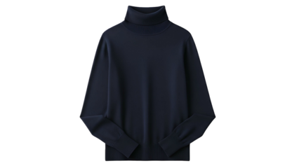 A navy blue, finely knit turtleneck sweater displayed on a dark background