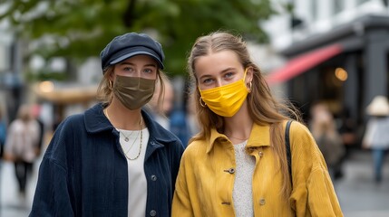 A busy urban street scene featuring pedestrians wearing stylish face masks, showcasing individual expressions and unique designs, highlighting the integration of fashion and safety in everyday