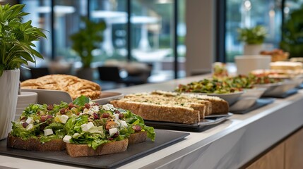 A sleek office break area featuring a food corner with an array of fresh salads, sandwiches, and desserts, designed for employees to refuel and foster relationships during lunch hours. cinematic