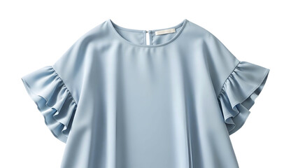 Light blue, flowy top with ruffled sleeves, small back keyhole, simple style