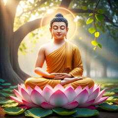 Serene Buddha Meditation on Lotus Flower &ndash; Spiritual Zen Art, Mindfulness and Buddhist Enlightenment Concept
