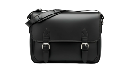 Black leather messenger bag with silver buckles and a shoulder strap on a black background