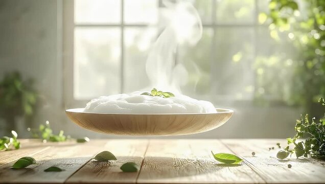 Steaming bowl of food levitating above a wooden table in a bright room.