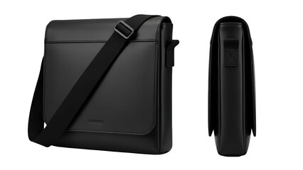 Black messenger bag presented in a side view and a profile view, both isolated on black