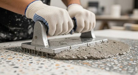 Closeup on metal float tool used by craftsman to compress and even out terrazzo slurry layer during initial countertop casting stage.