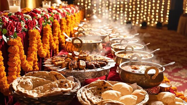 Abundant Indian Buffet Spread With Steaming Curries Naan And Samosas Decorated With Marigold Garlands At A Wedding