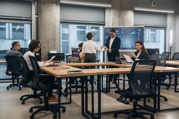 Group of diverse professionals engaged in collaborative meeting in modern office space, discussing ideas and sharing documents with technology in use