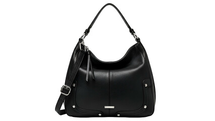 Black leather handbag with top handle, adjustable strap, and metal details, isolated on black