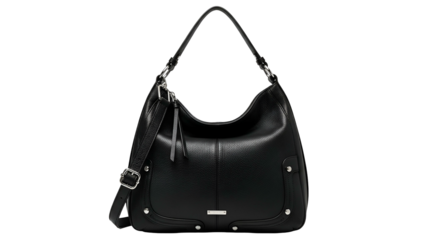 Black leather handbag with top handle, adjustable strap, and metal details, isolated on black