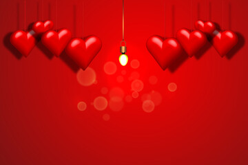 Valentine's day background with red hearts 3d and light bulb. copy space area