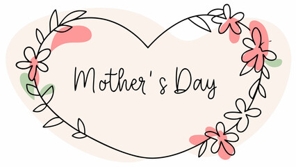 Stylized vector illustration of a floral heart wreath with pink flowers and green leaves on white background for mother's day gift tags or greeting cards