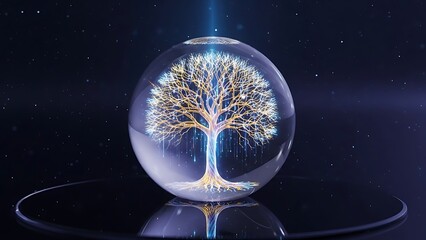 Glowing tree of life inside a crystal orb with light beam