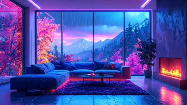 Vibrant synthwave living room with mountain rain view.