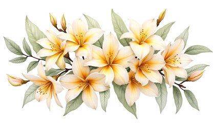 Obraz premium Beautiful Yellow White Lily Flowers on Branch with Leaves