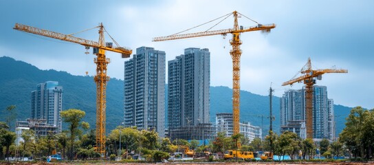 Fototapeta premium The development of building construction sites features tower cranes and image technology