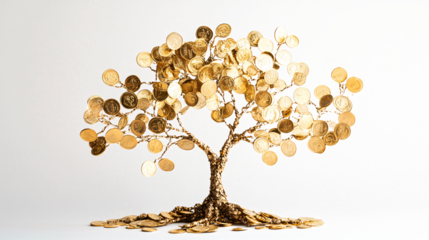 A golden tree with coin leaves symbolizes wealth and success, featuring a sturdy trunk and roots that signify stability, set against a transparent background.