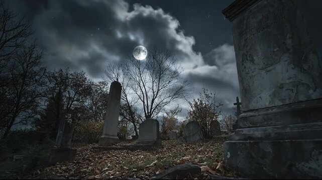A haunting cemetery scene under a full moon, evoking an eerie atmosphere.