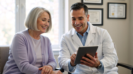 Male doctor showing medical results on a tablet to a senior female patient. Healthcare professional and elderly woman smiling in a clinic. Digital health consultation concept
