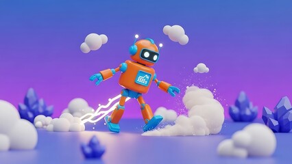 A cartoon robot character in a vibrant orange and blue outfit floating amidst clouds and crystals in a purple sky