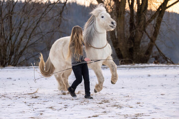 Woman practicing natural horsemanship and free work with a white horse outdoors on a snowy winter field
