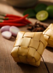 Cooked Yellow Ketupat Rice Cake with Chili and Shallots Ingredients for Eid Cooking