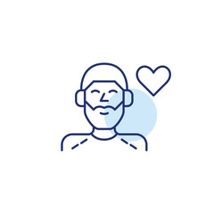 Man in headphones and heart. Passion for music and podcasts, trusted sound, songs library. Pixel perfect, editable stroke vector icon