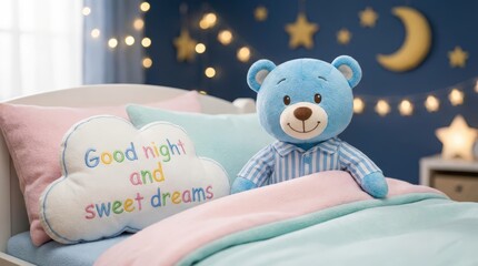 Cozy bedtime scene with blue teddy bear children's room photography warm and inviting environment eye-level view concept of comfort and sweet dreams