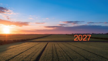 Sunrise over green farmland with long shadows and glow