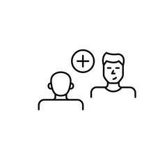 Men speaking at interview or date and plus symbol. Chat add, new contact. Pixel perfect, editable stroke vector icon