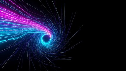 Vibrant digital swirl of pink and blue lights in a dark space