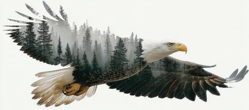 Using image technology, an eagle is depicted in double exposure with a forest on a white copy space background