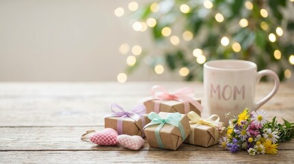 Celebrating mother's day with thoughtful gifts and flowers on a rustic table cozy indoor setting warm atmosphere close-up view heartfelt sentiments