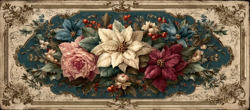 A vintage white flower frame background, created with image technology, provides copy space for text and an advert banner
