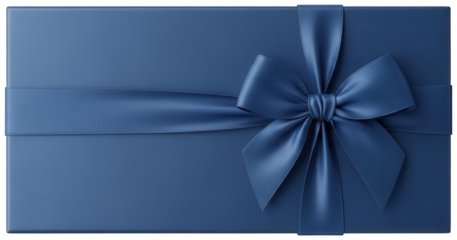 Overhead view of large navy blue gift box with elegant horizontal ribbon and bow