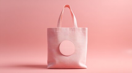 Pink canvas tote bag mockup template with custom circular patch centered in soft studio light