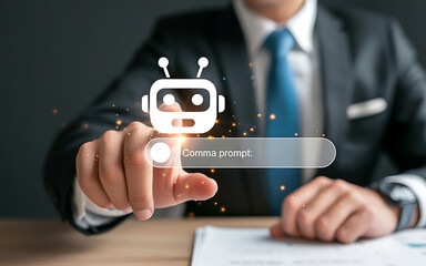 Businessman interacting with ai robot