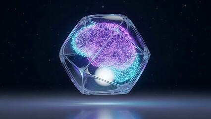 Glowing crystal with purple and blue light effects on dark background